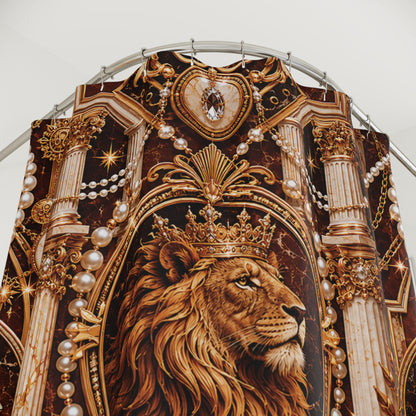 Decorative shower curtain with a lion's head design and ornate details.