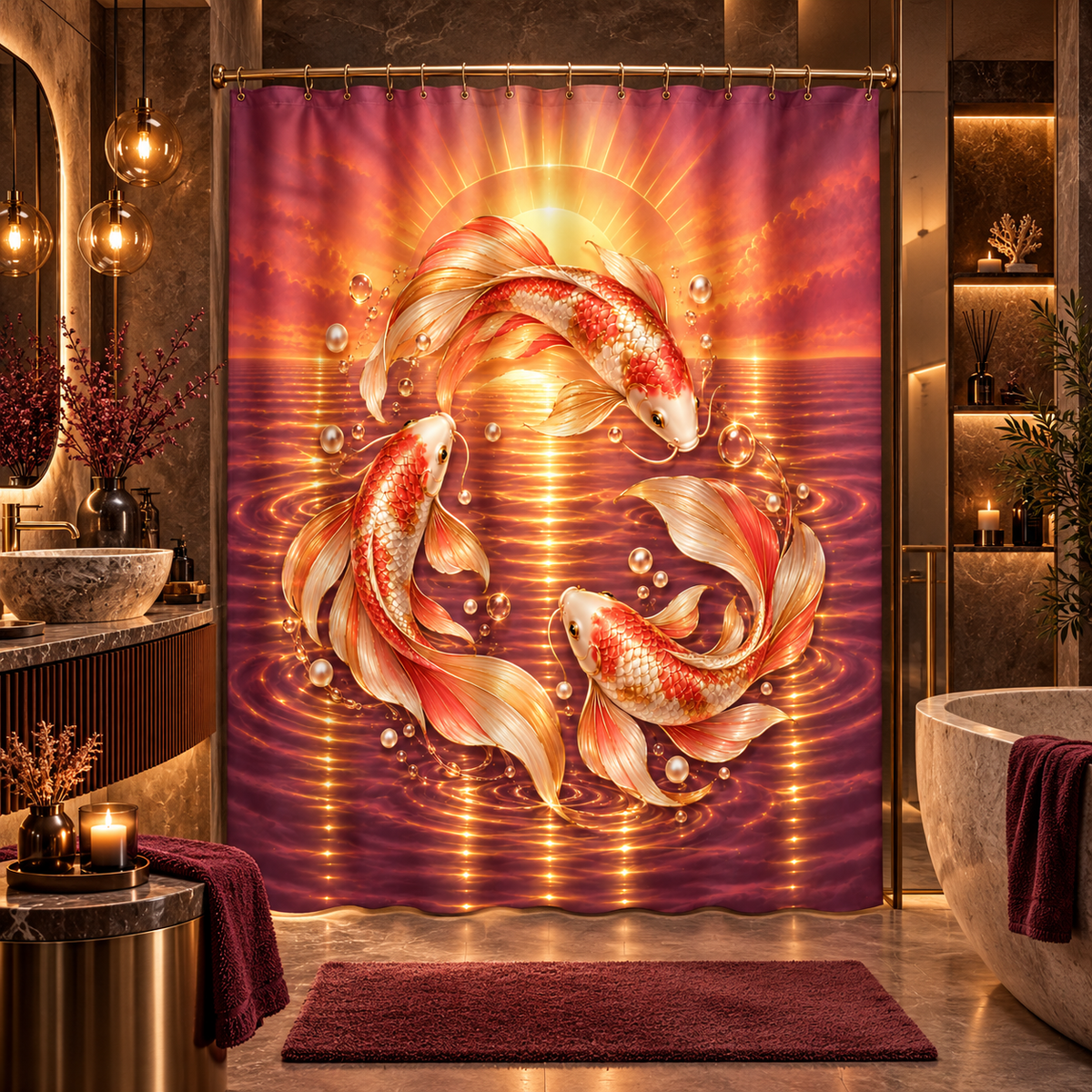 Koi Fish Golden Sunset Oriental — Shower Curtain Bathroom Decor