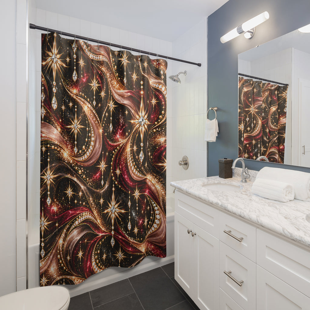 Celestial Glam Shower Curtain — Gold & Burgundy Starburst Bathroom Decor