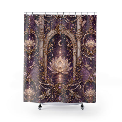 A shower curtain featuring an ornate gothic celestial pattern with a central lotus flower, gold filigree arch, crescent moon, stars, and butterflies on a dark purple background. shower curtain