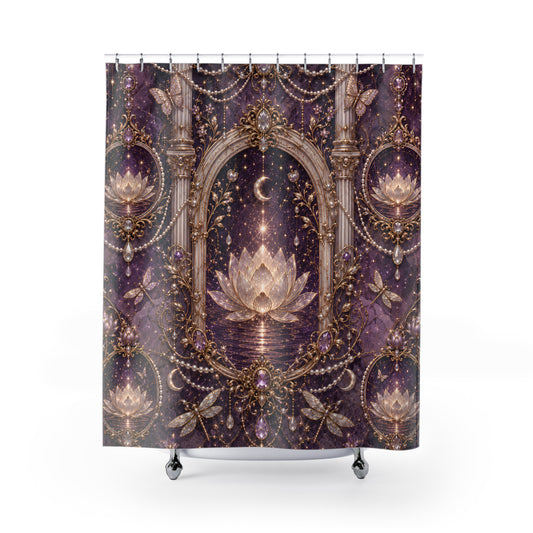 A shower curtain featuring an ornate gothic celestial pattern with a central lotus flower, gold filigree arch, crescent moon, stars, and butterflies on a dark purple background. shower curtain