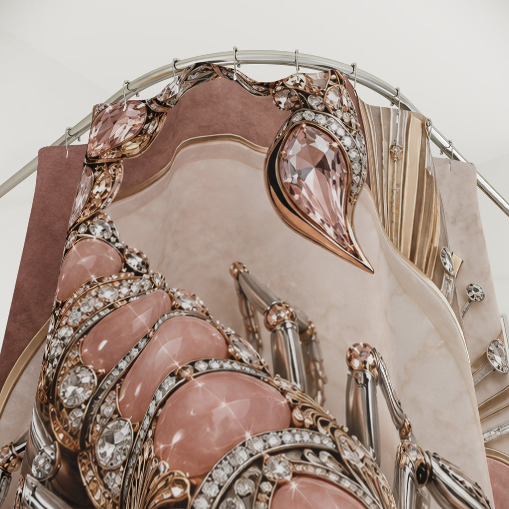 An ornate close-up of a luxury shower curtain featuring large pink gemstones in elaborate rose gold and silver settings, with clear crystals throughout.