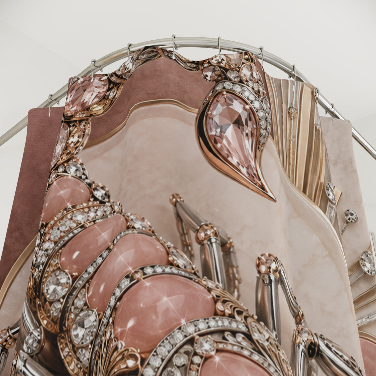 An ornate close-up of a luxury shower curtain featuring large pink gemstones in elaborate rose gold and silver settings, with clear crystals throughout.