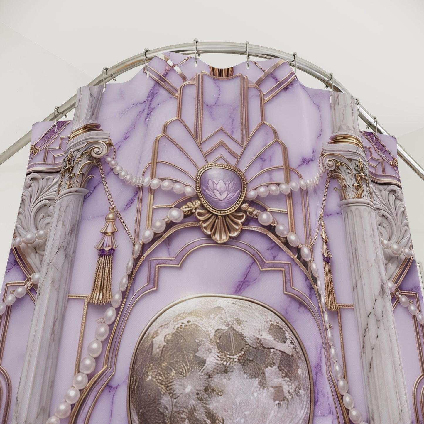 Moonlit Baroque Shower Curtain — Purple Marble, Pearls & Ornate Columns