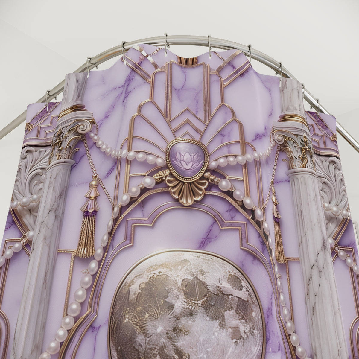 An ornate Art Deco style shower curtain in lavender marble with gold-toned geometric framing, pearl-like bead metallic oval centerpiece.
