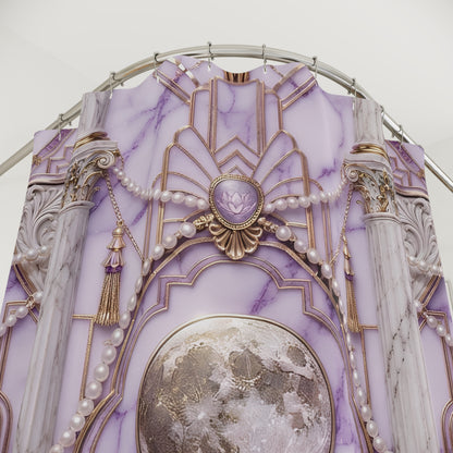 Moonlit Baroque Shower Curtain — Purple Marble, Pearls & Ornate Columns