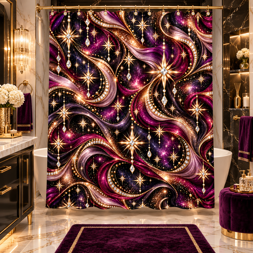 Glam Galaxy Shower Curtain — Starburst Jewel Swirl Bathroom Decor