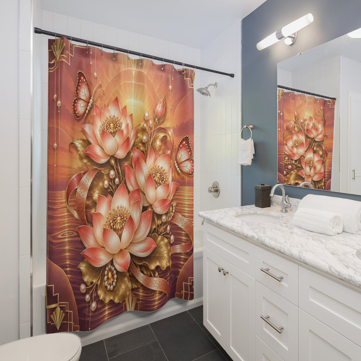 A large shower curtain featuring a golden and pink lotus floral design is shown hanging in a modern white and blue-gray bathroom with a marble vanity and mirror.