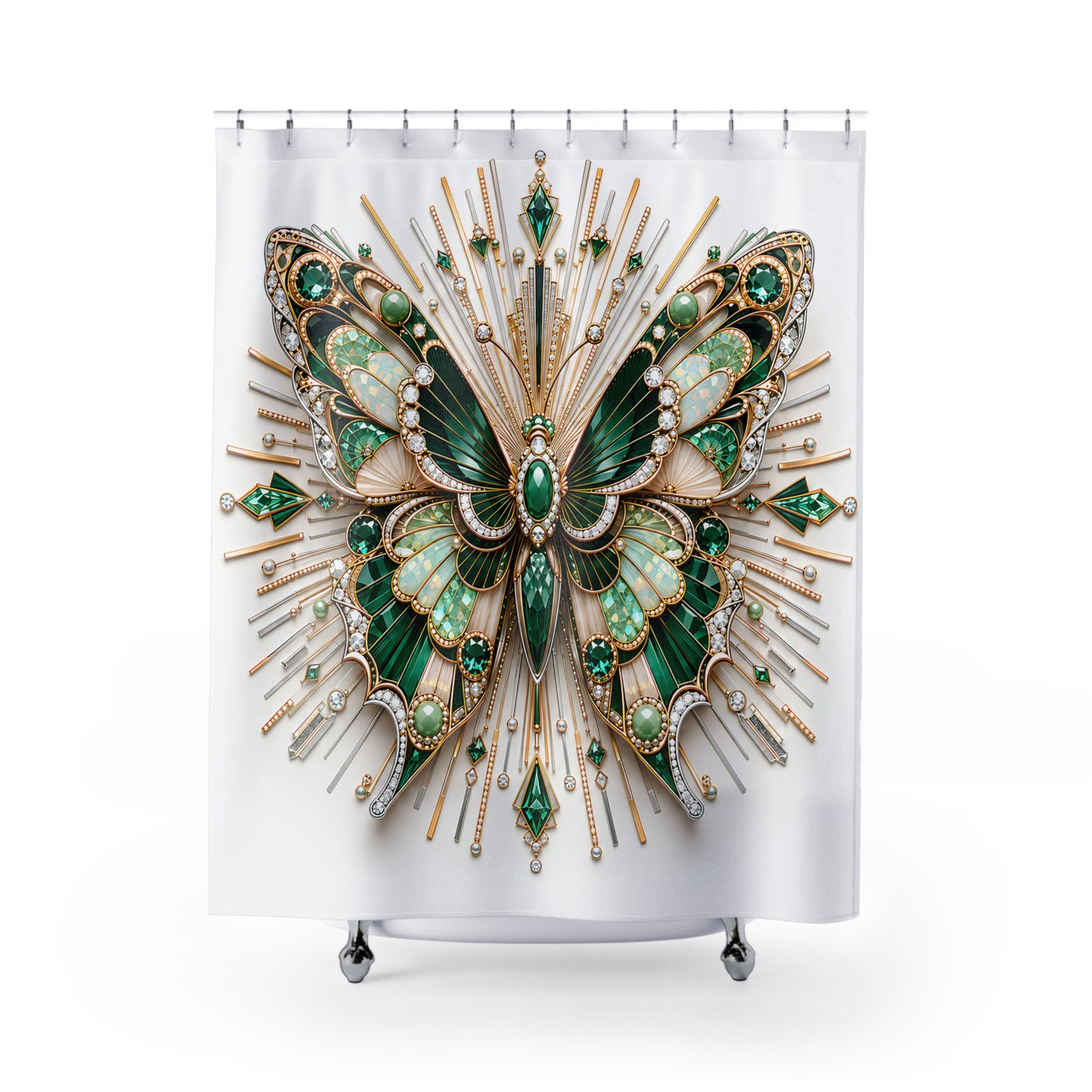A white shower curtain featuring a large, ornate butterfly design in green and gold with jewel-like accents, hanging from silver hooks against a white background.
