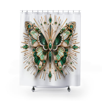 A white shower curtain featuring a large, ornate butterfly design in green and gold with jewel-like accents, hanging from silver hooks against a white background.