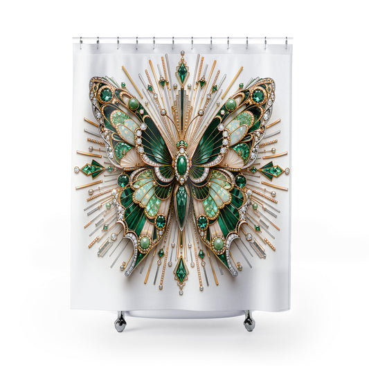 A white shower curtain featuring a large, ornate butterfly design in green and gold with jewel-like accents, hanging from silver hooks against a white background.