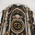 Decorative fabric shower curtain with gold and white zodiac patterns on a black background
