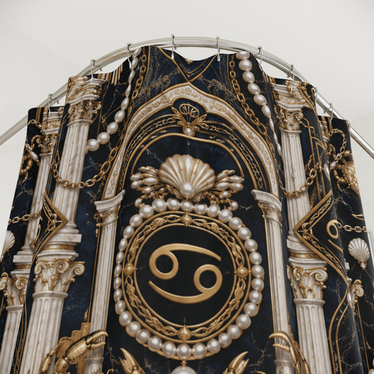 Decorative fabric shower curtain with gold and white zodiac patterns on a black background