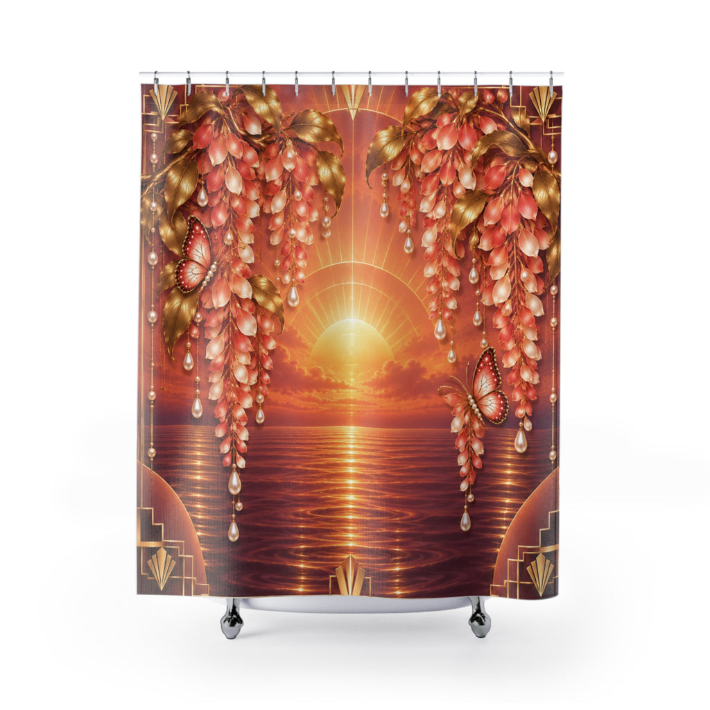 Sunset Pearl Floral Shower Curtain — Romantic Coastal Sunset Bathroom Decor