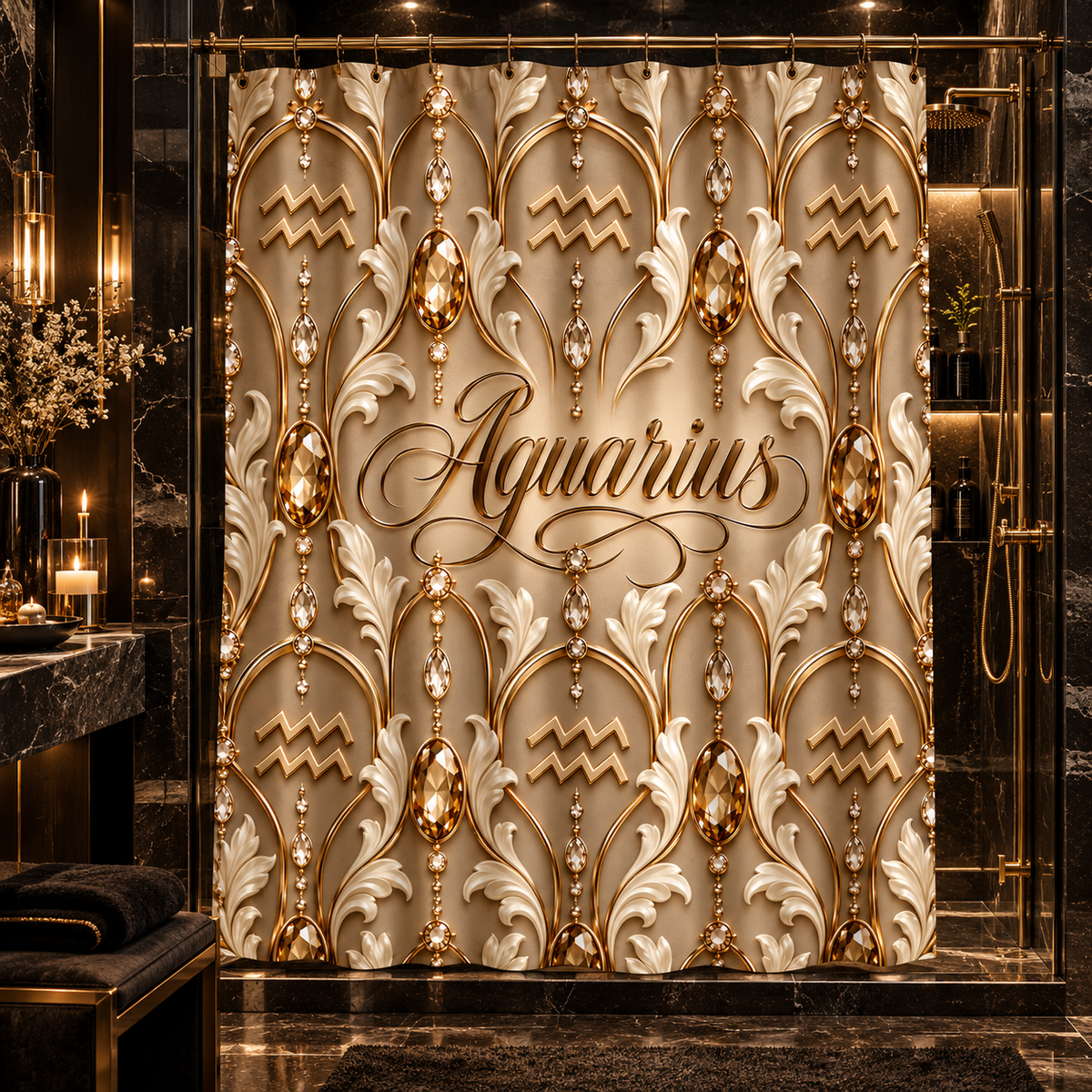 Aquarius Zodiac Elegant Gold Astrological — Shower Curtain Bathroom Decor