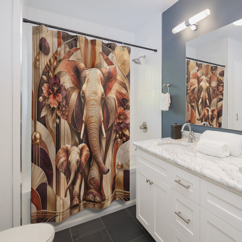 Safari Elephant Mom & Calf Shower Curtain — Boho Vintage Shower Curtain