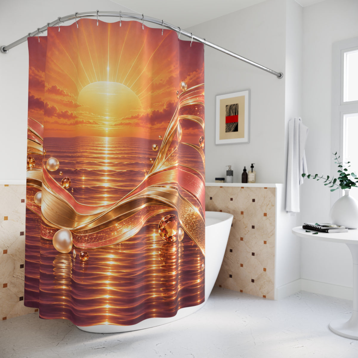 Golden Sunset Ocean Waves with Pearl Accents Shower Curtain -