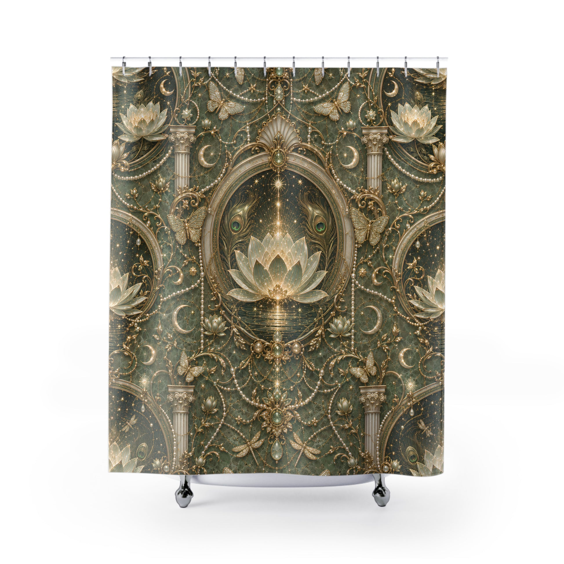 A shower curtain featuring an ornate baroque-style pattern with gold crescent moons, columns, and lotus flowers on a dark olive-green background, shown hanging from silver hooks over a white tub edge.