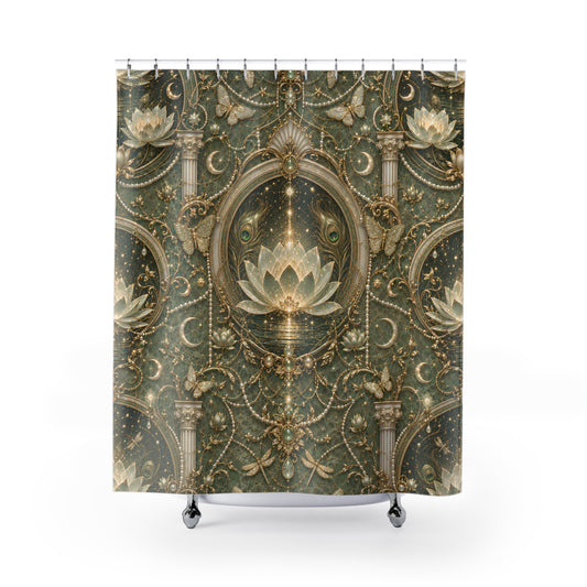 A shower curtain featuring an ornate baroque-style pattern with gold crescent moons, columns, and lotus flowers on a dark olive-green background, shown hanging from silver hooks over a white tub edge.
