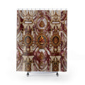 A shower curtain featuring an ornate baroque-style pattern with gold filigree, dark red panels, and cream marble-like sections, shown hanging from silver hooks on a white background.