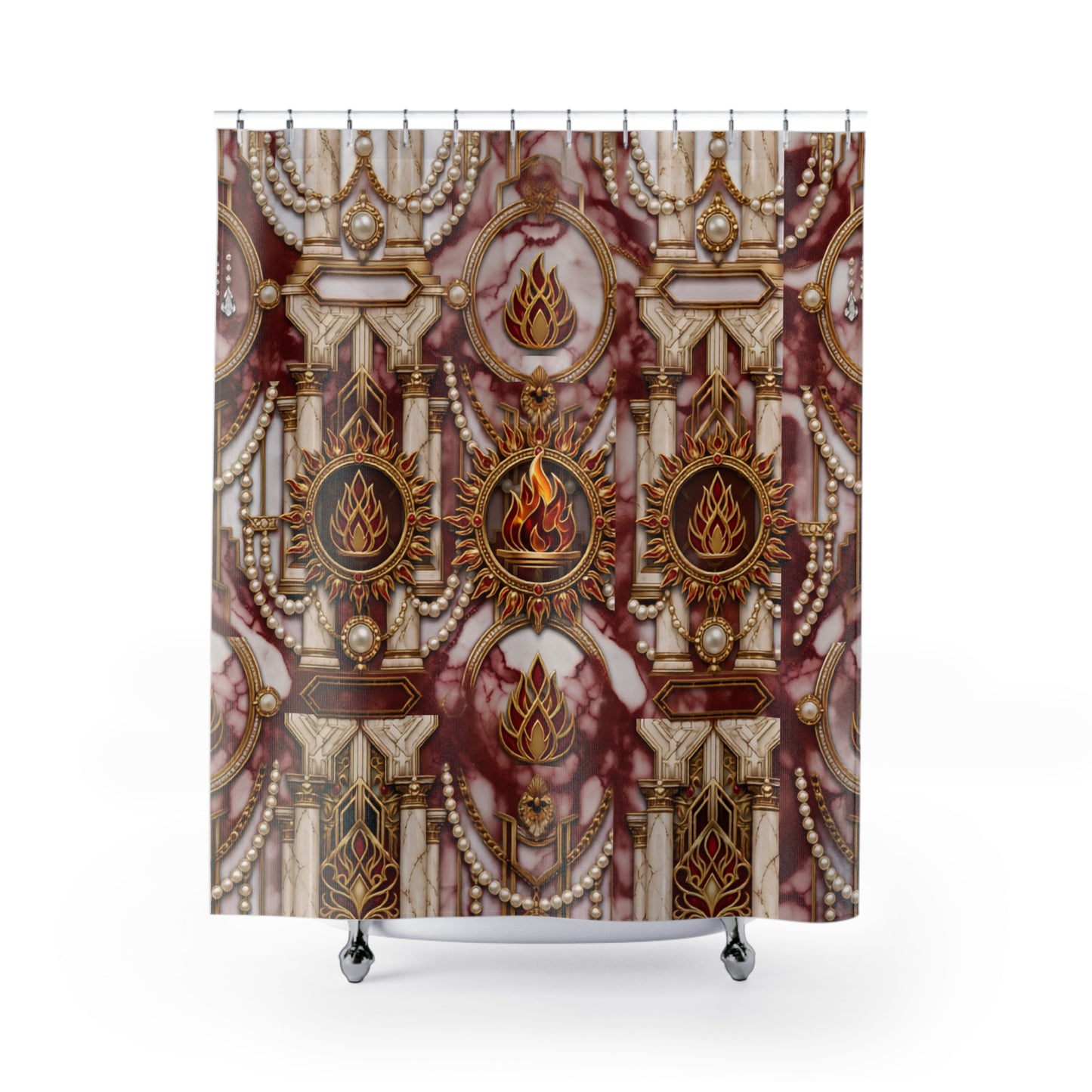 A shower curtain featuring an ornate baroque-style pattern with gold filigree, dark red panels, and cream marble-like sections, shown hanging from silver hooks on a white background.