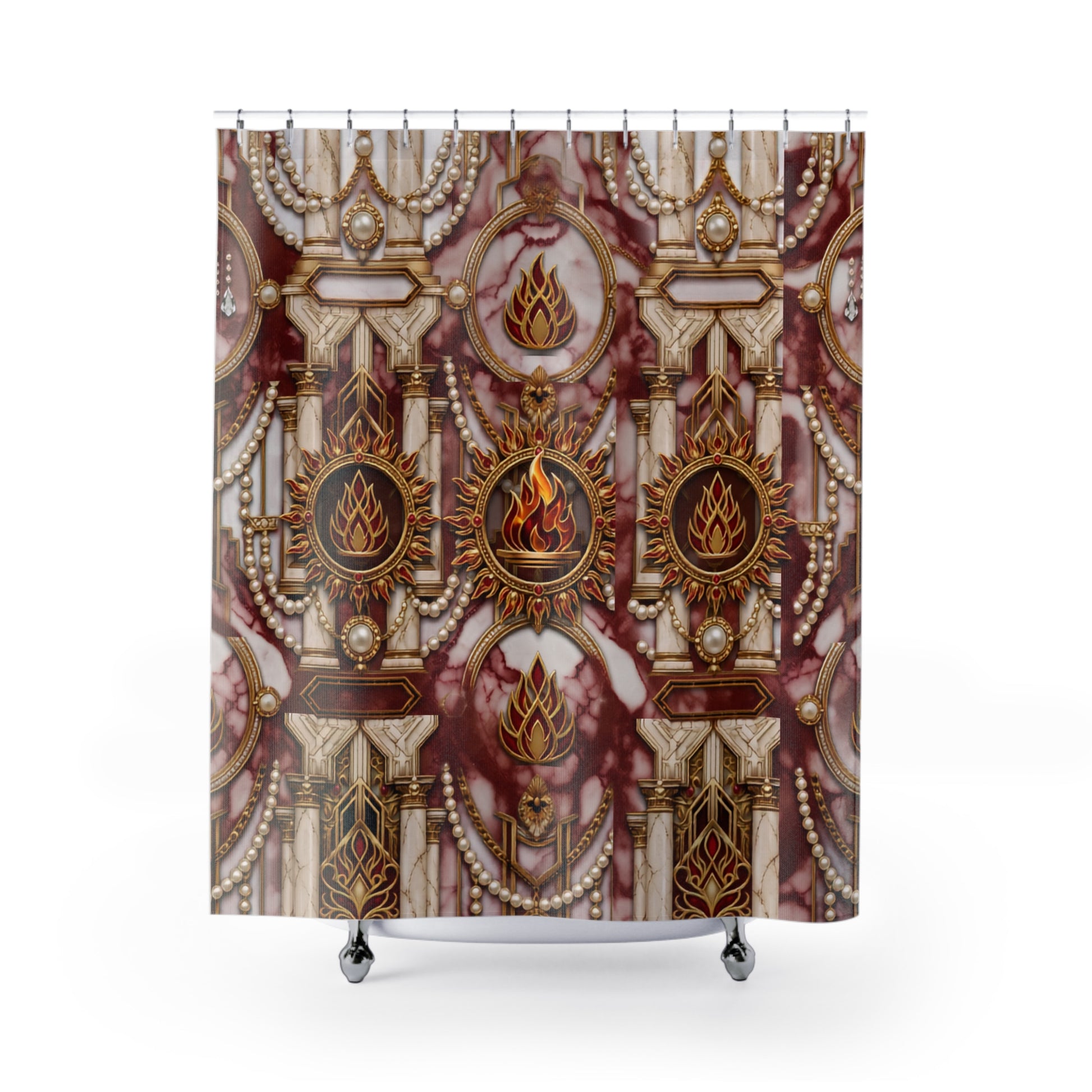 A shower curtain featuring an ornate baroque-style pattern with gold filigree, dark red panels, and cream marble-like sections, shown hanging from silver hooks on a white background.