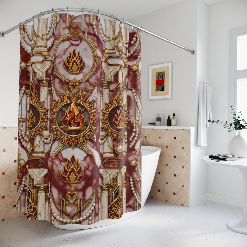 A luxury bathroom scene featuring a decorative shower curtain with an ornate baroque design in gold, burgundy, and cream, hanging over a white bathtub.