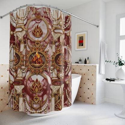 A luxury bathroom scene featuring a decorative shower curtain with an ornate baroque design in gold, burgundy, and cream, hanging over a white bathtub.