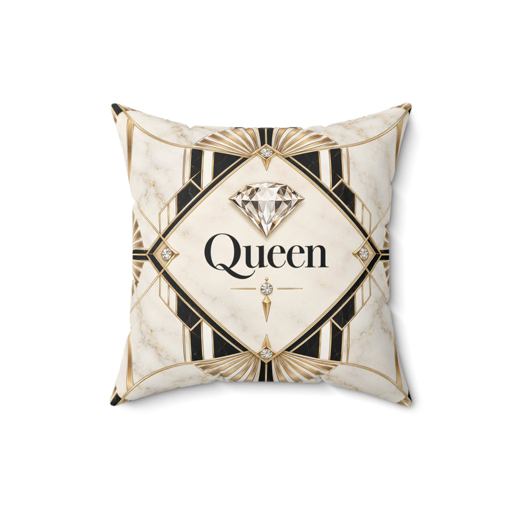 A square decorative throw pillow with an Art Deco style design featuring a cream marble background, black and gold geometric patterns, and a large central diamond graphic above the word 'Queen' in black script.