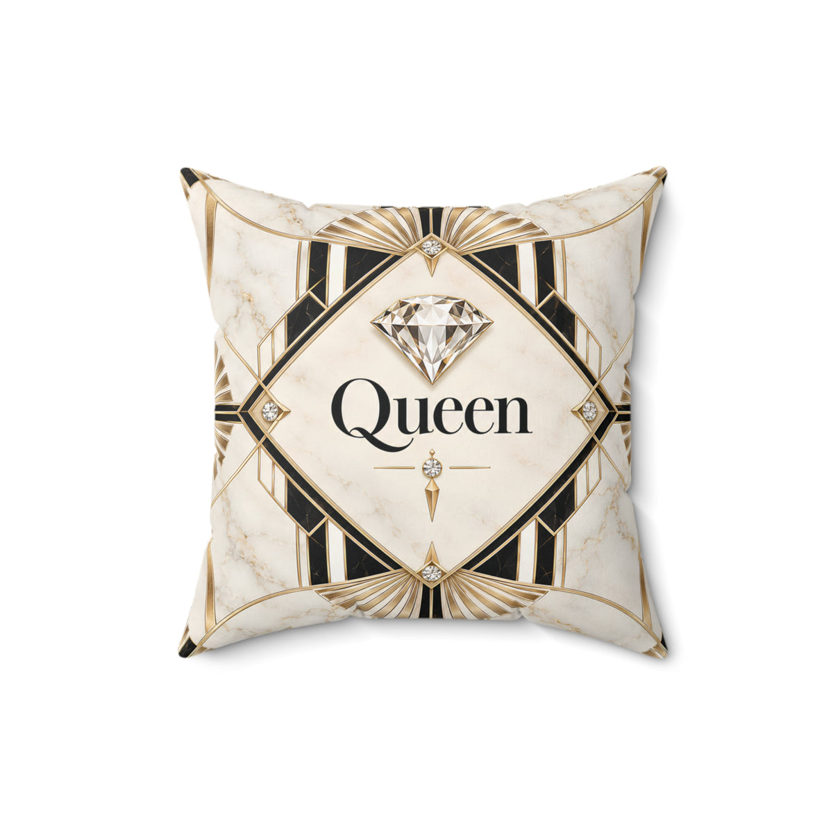 A square decorative throw pillow with an Art Deco style design featuring a cream marble background, black and gold geometric patterns, and a large central diamond graphic above the word 'Queen' in black script.