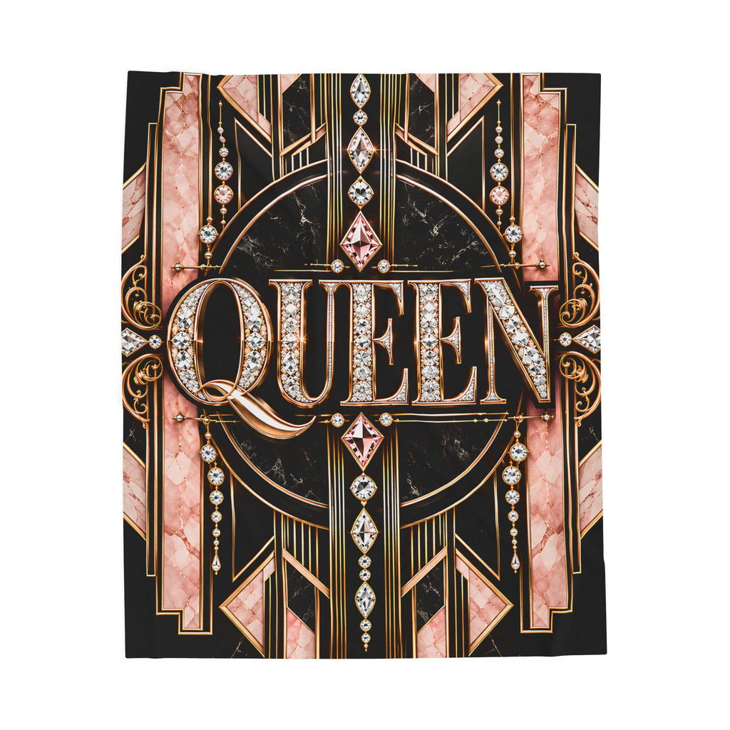 A square decorative throw featuring the word "QUEEN" in large ornate lettering, surrounded by Art Deco-style linework, pink marble-like panels, gold accents, and rhinestone details on a black background.