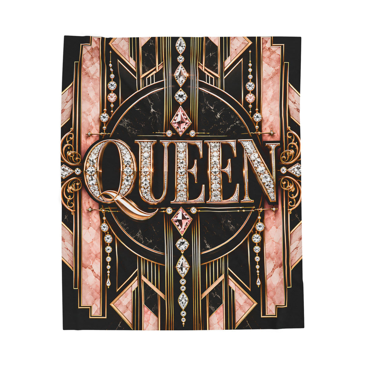 A square decorative throw featuring the word "QUEEN" in large ornate lettering, surrounded by Art Deco-style linework, pink marble-like panels, gold accents, and rhinestone details on a black background.