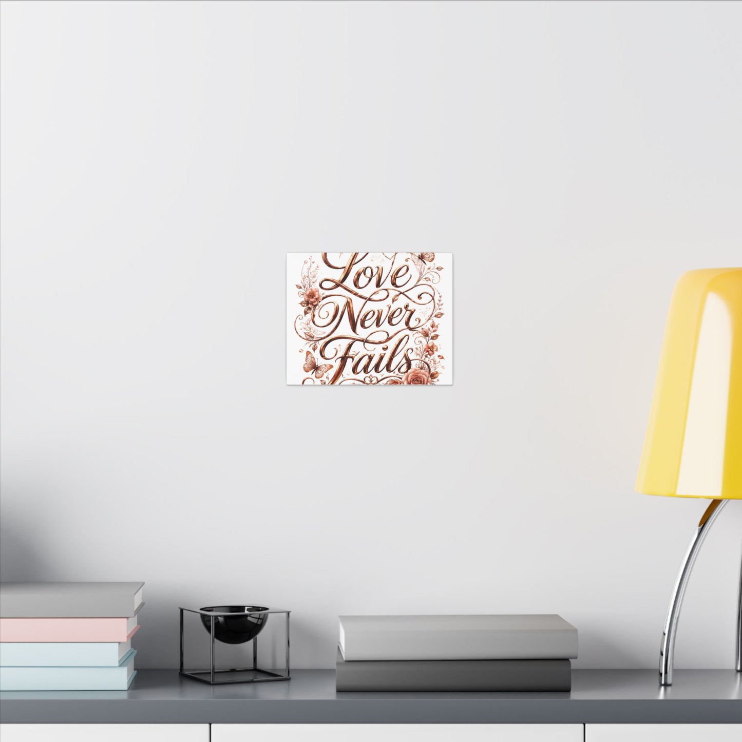 Love Never Fails Floral Canvas Wall Art — Romantic Rose Gold Typography