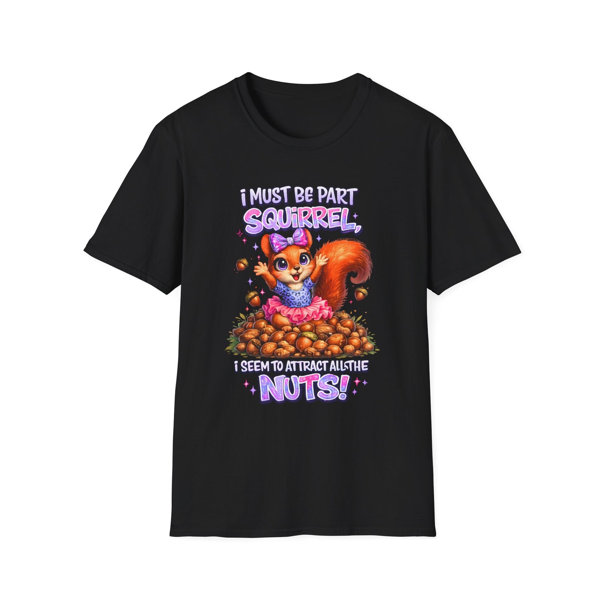 Black t-shirt with a colorful graphic of a squirrel and text on a white background