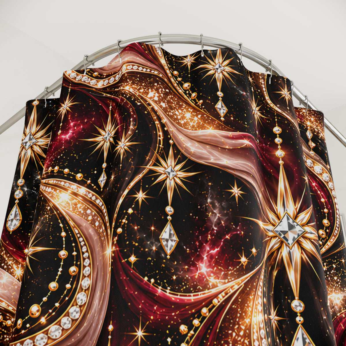 Celestial Glam Shower Curtain — Gold & Burgundy Starburst Bathroom Decor