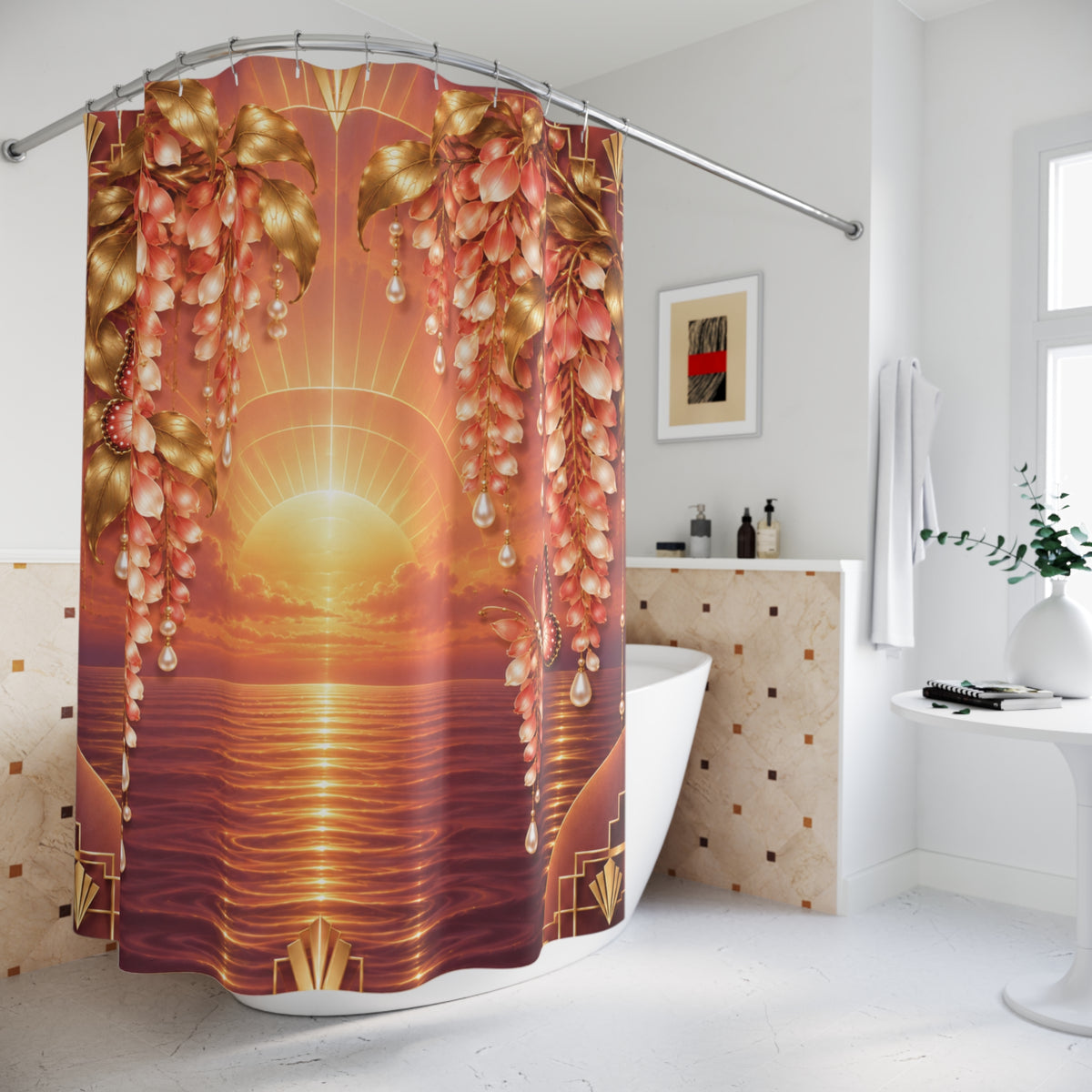 Sunset Pearl Floral Shower Curtain — Romantic Coastal Sunset Bathroom Decor