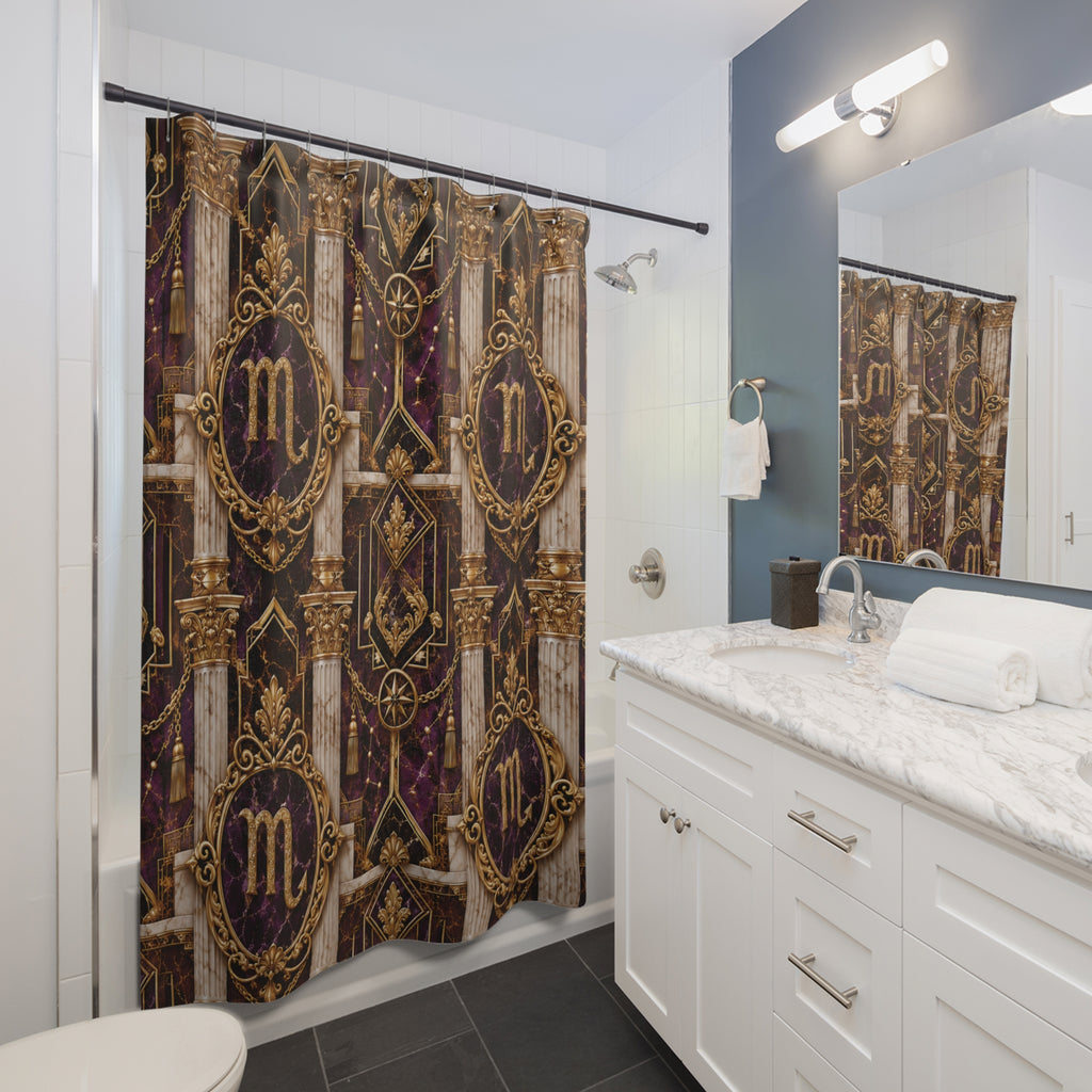 Luxurious Scorpio Zodiac shower curtain in a white bathroom setting