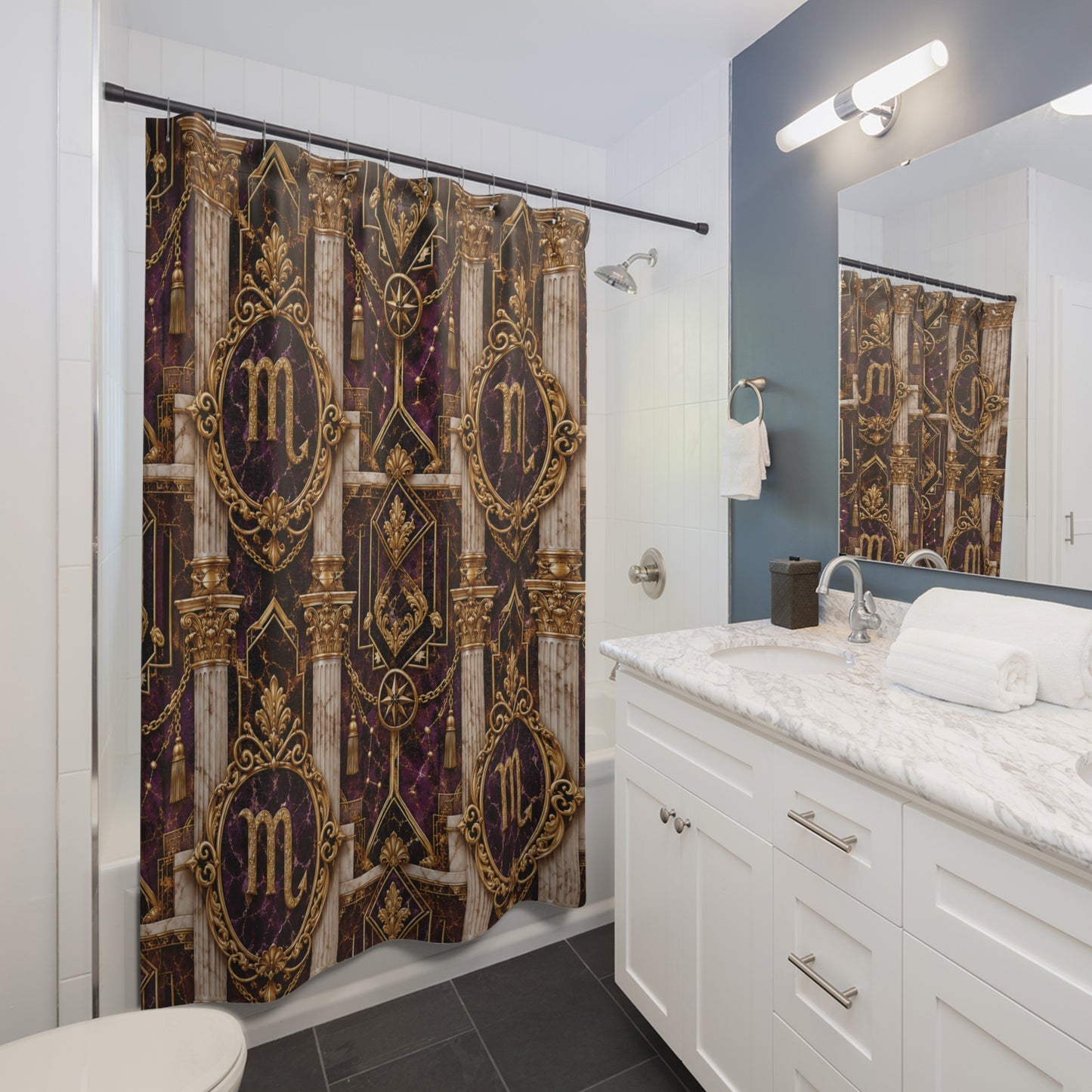 Luxurious Scorpio Zodiac shower curtain in a white bathroom setting
