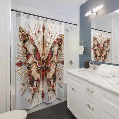 A white shower curtain featuring a large ornate butterfly design with red, gold, and black details, hanging in a modern white bathroom with a marble vanity and mirror.