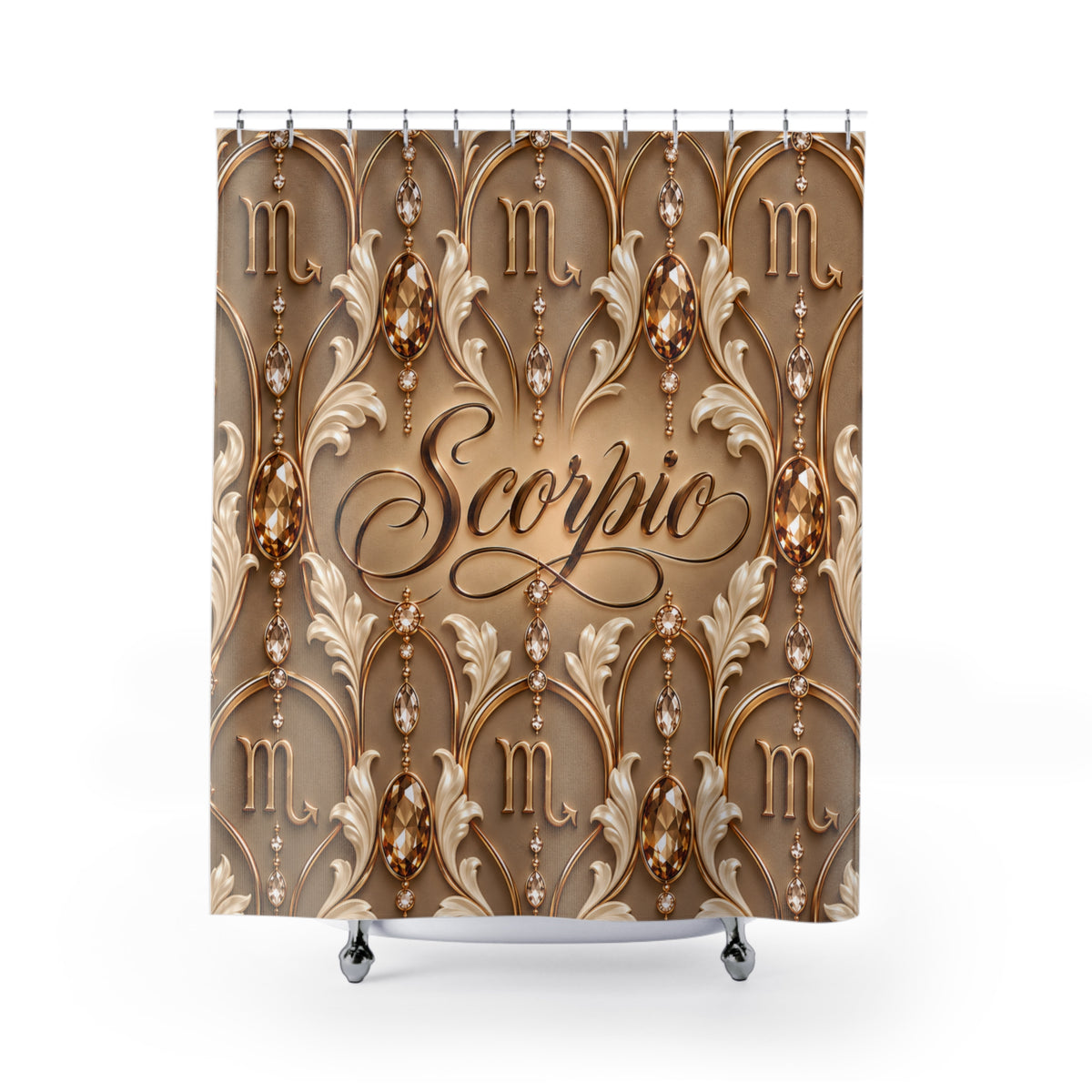 A shower curtain featuring an ornate gold and beige damask-style pattern with the word 'Scorpio' in script across the center and gemstone motifs. The curtain is shown hanging from silver hooks above a white tub edge against a plain white background.