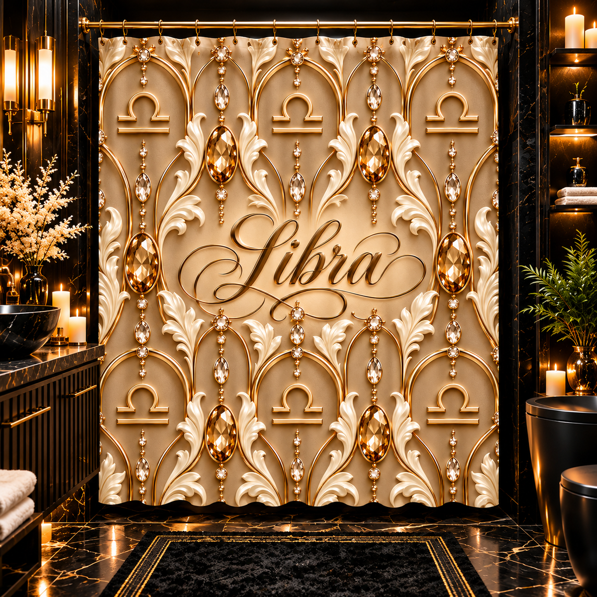 A luxury shower curtain featuring a gold and beige damask pattern with hanging crystal-like ornaments and the word 'Libra' in elegant script at the center, shown hanging in a high-end bathroom setting.