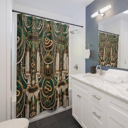 A patterned shower curtain hanging in a modern bathroom. The curtain features an ornate baroque-style design with gold and brown scrolls, white pearl-like beads, and cream pillars on a dark green background.