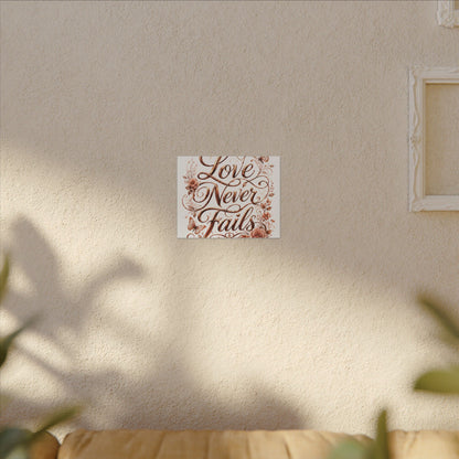 Love Never Fails Floral Canvas Wall Art — Romantic Rose Gold Typography