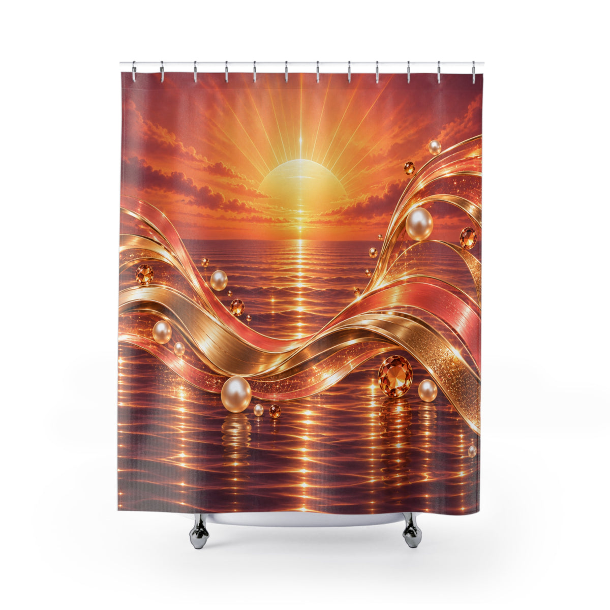 A shower curtain featuring a vibrant sunset over the ocean with glowing golden ribbons, pearl-like spheres, and reflective waves, shown hanging on a white background.