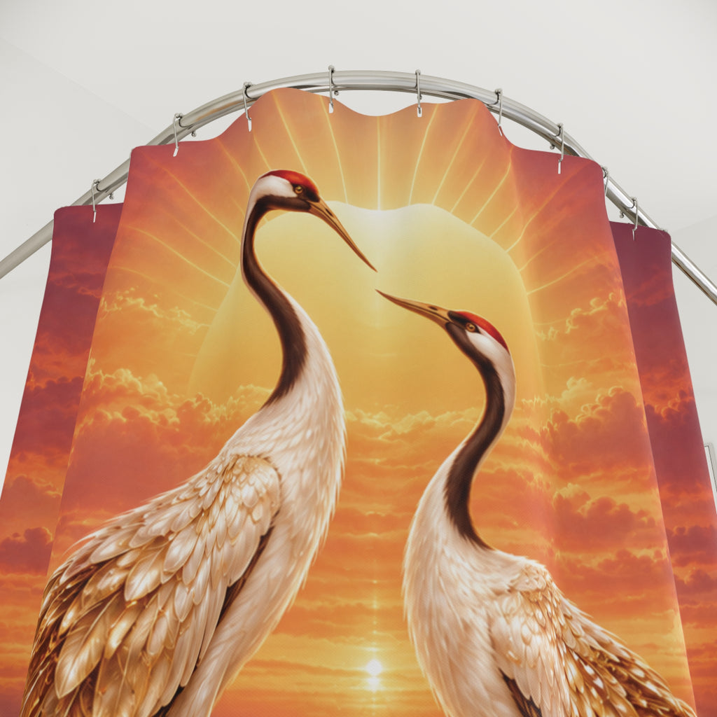 Crane Sunset Romantic Golden Beach —Shower Curtain Wildlife Decor