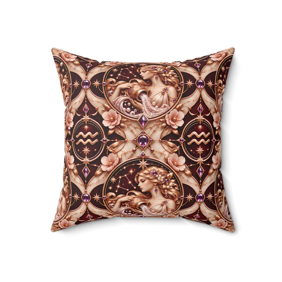 A square decorative throw pillow featuring an ornate celestial and floral pattern in shades of brown, beige, and gold, accented with purple gemstone motifs, shown against a plain white background.