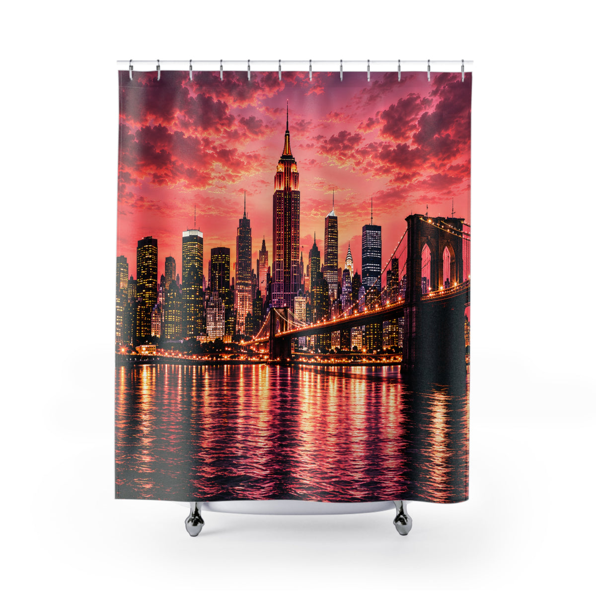 Rose Gold Manhattan Skyline Shower Curtain – Pink NYC Sunset, Brooklyn Bridge & Luxury New York City Bathroom Décor