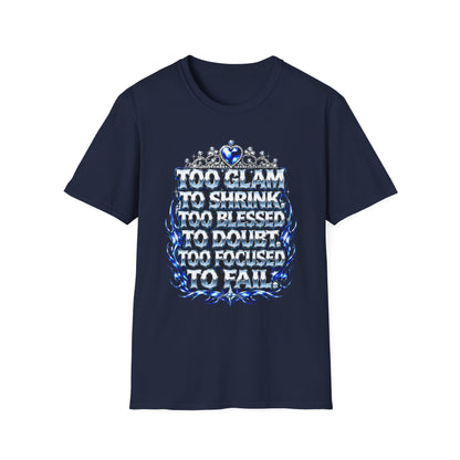Too Glam to Shrink Too Blessed T-Shirt — Faux Rhinestone Tiara Graphic