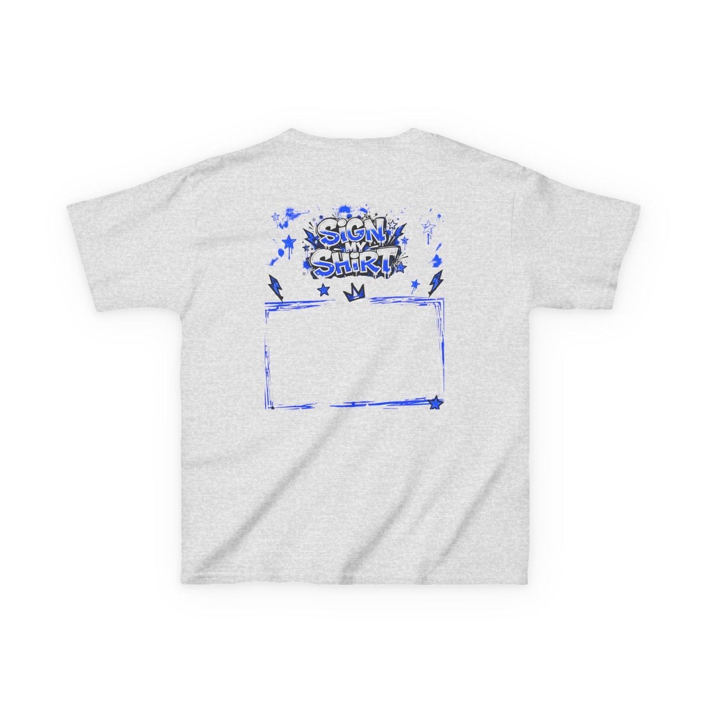 Gray t-shirt with blue graphic design on a white background