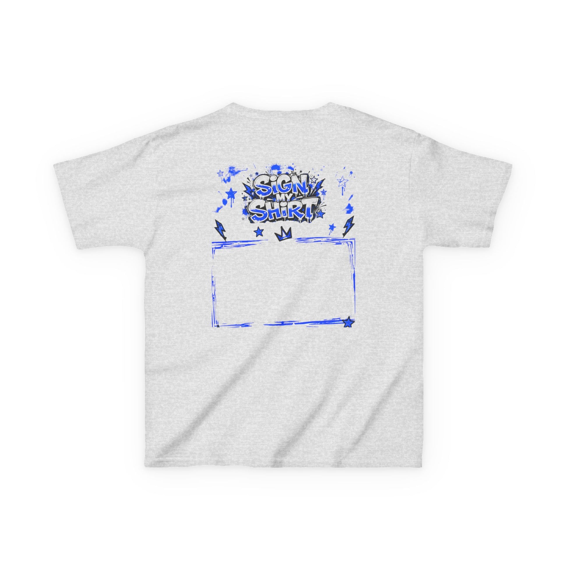 Gray t-shirt with blue graphic design on a white background